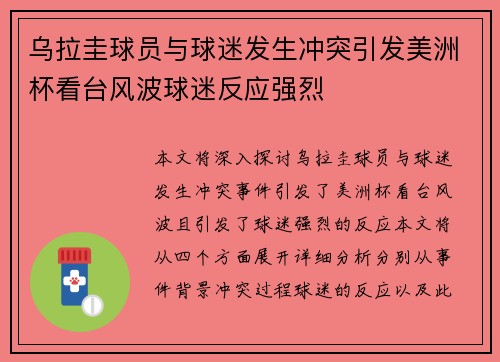 乌拉圭球员与球迷发生冲突引发美洲杯看台风波球迷反应强烈
